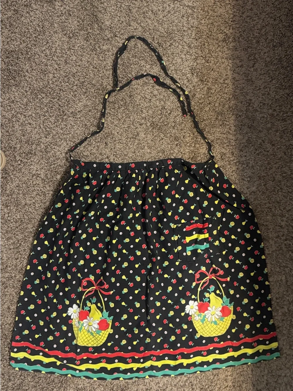 Vintage Cute Black Waist Apron with Fruit Basket Print
